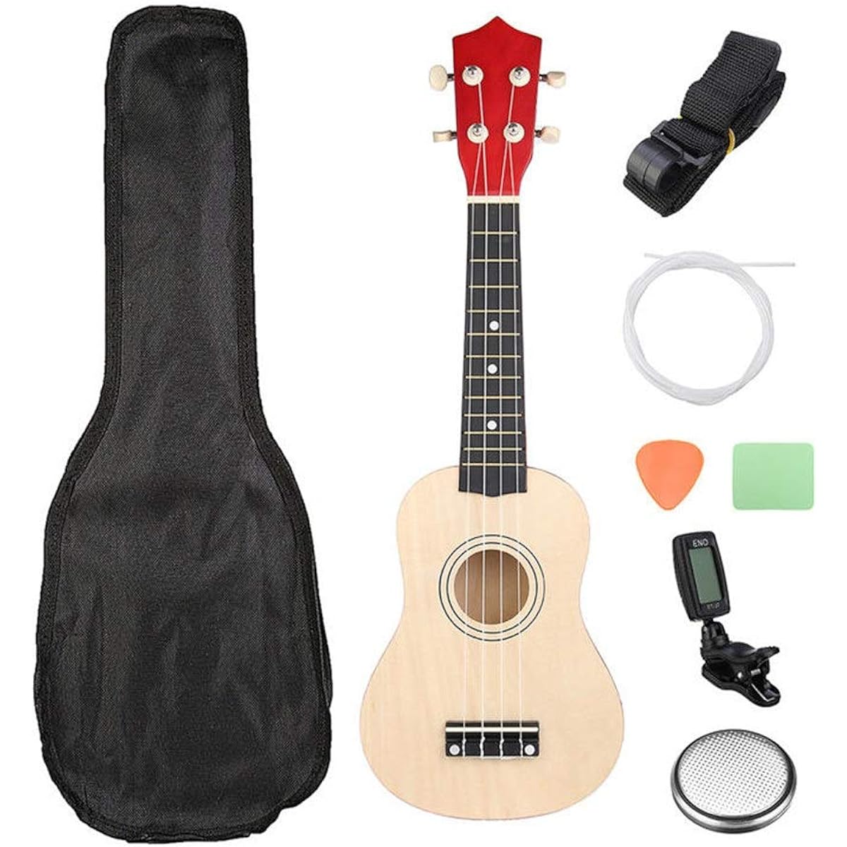 Classical Guitar Small Wooden Guitar with Tuner and 12 Frets 21 Inch Color Soprano Ukulele Uke Steel Guitar Easy to Learn and Play (Color : As shown, Size : 21inch)