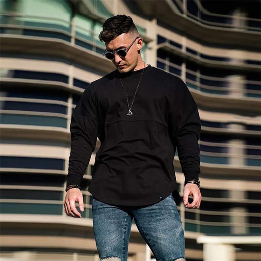 [Manatsulife] Men's Long Sleeve T-Shirt Pullover Round Neck Oversized Alphabet Training Wear Fitness Sports Muscle Training Gym Sweat Stylish Spring Autumn Winter WY86