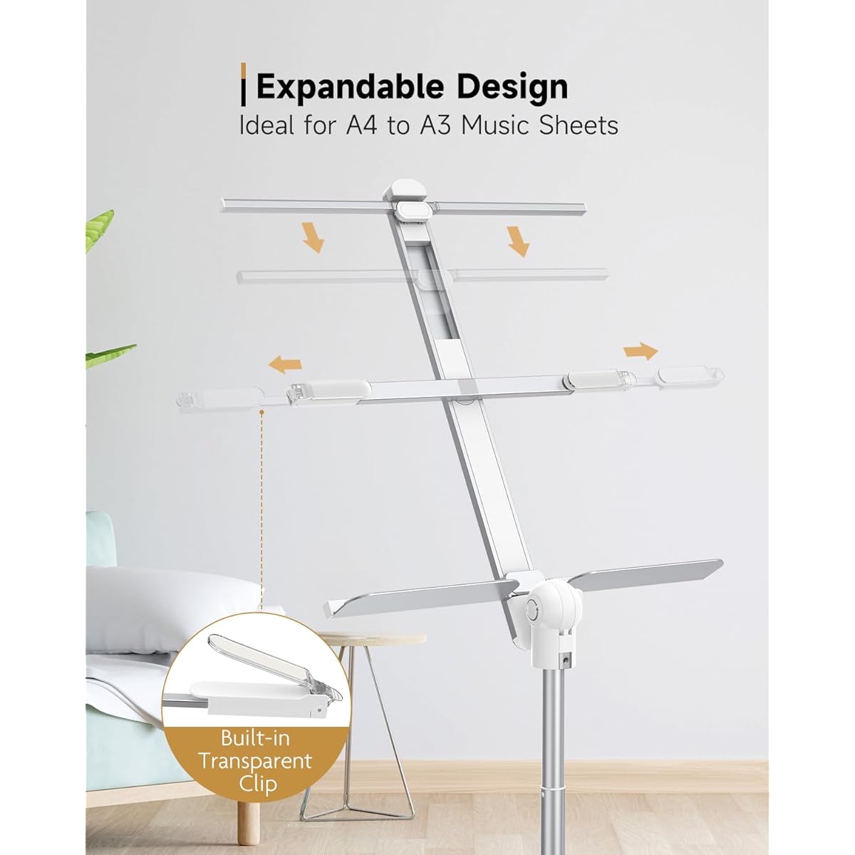 KraftGeek 66" Music Stand for Sheet Music, Portable Foldable for Musicians and Instrumental Players, Adjustable Music Tray with Page Holder Clip, No Assembly Required