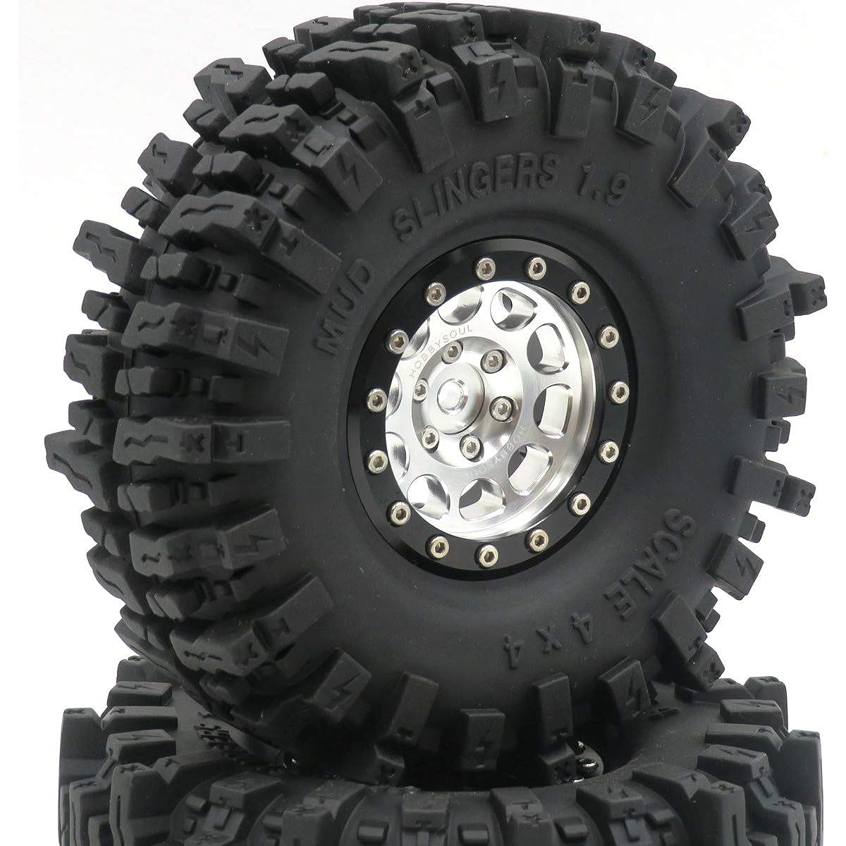 2pcs RC 1.9 Mud Slinger Tires Super Grip Soft Tires 120mm/4.72inch Height Aluminum 1.9 Beadlock Wheel Rim