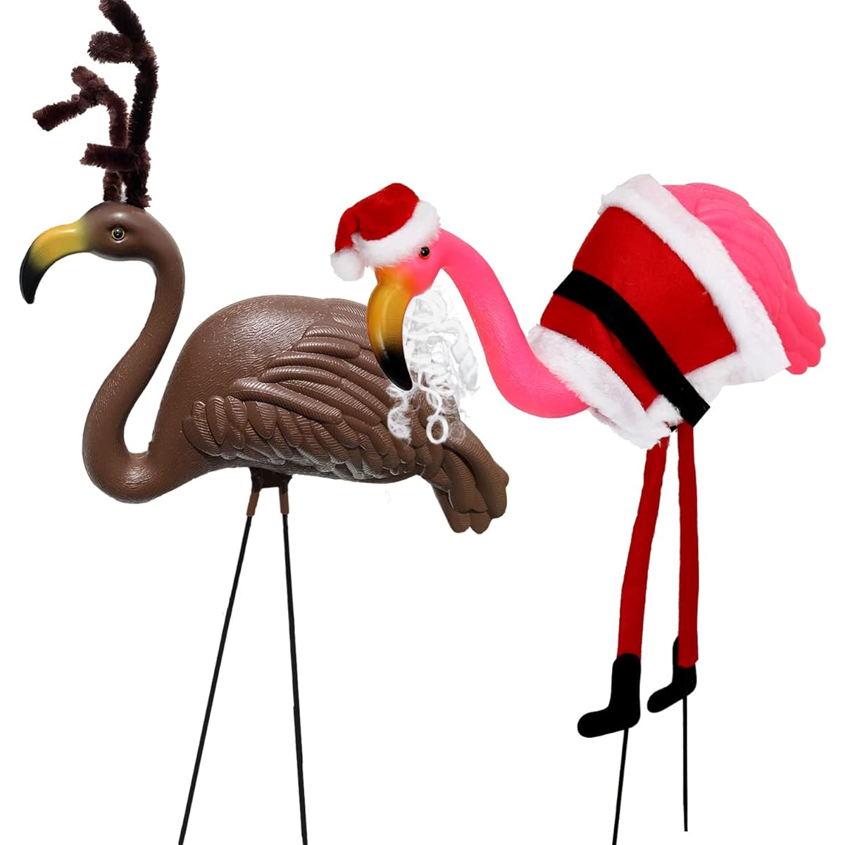 GIFTEXPRESS Flamingo Christmas Lawn Ornaments, Pink Flamingo Santa, Brown Flamingo Reindeer, Christmas Yard Decorations