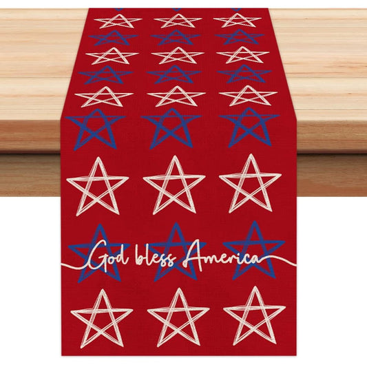 4th of July Decoration Table Runner 14x7.5 inches (35.48x172.88 cm), Memorial Day American Flag Stars and Stripes, Patriotism, God Blessing, America, Freedom, Liberty, Independence Day Decor, AT207