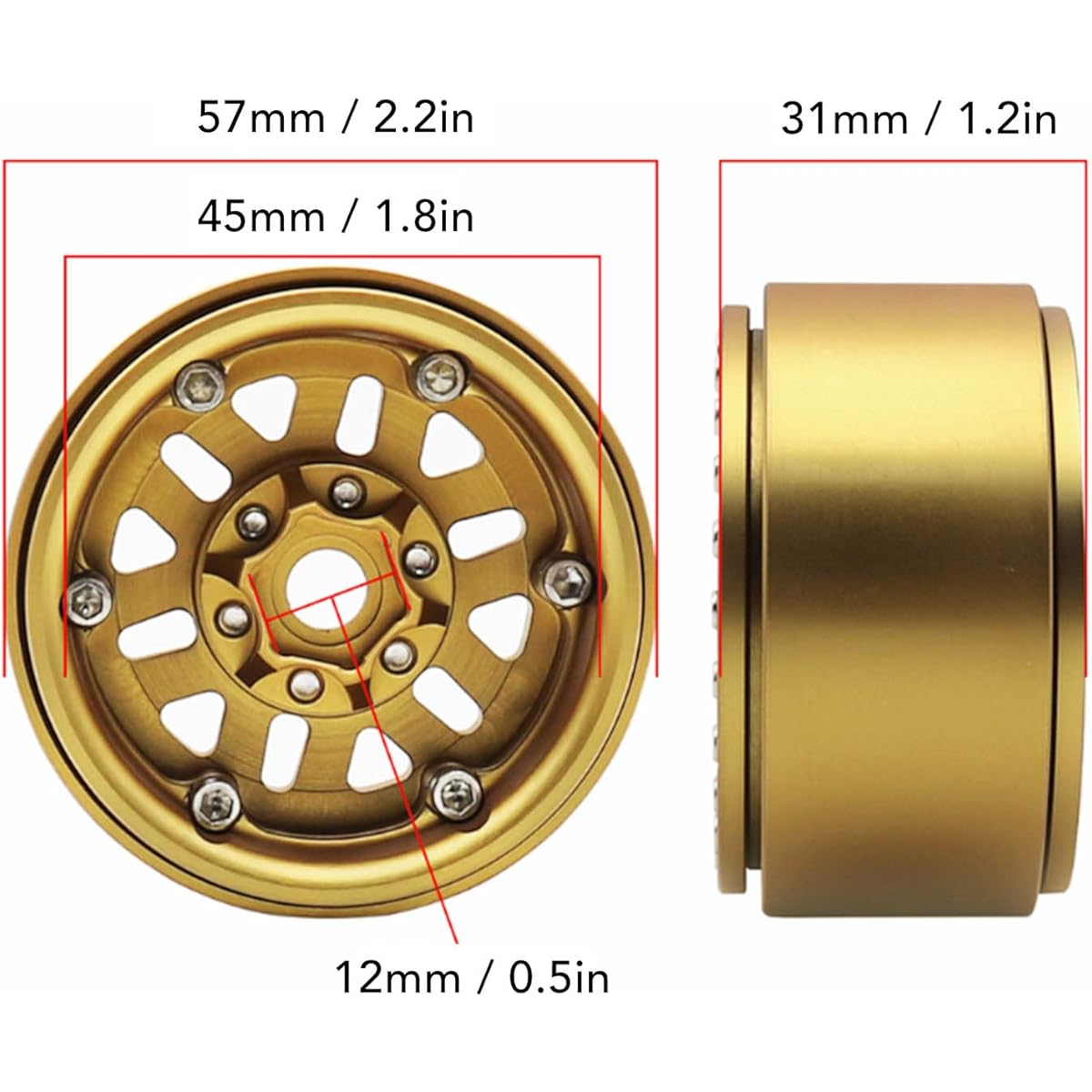 Beadlock Rims 4pcs Brass Heavy 1.9 Inch Beadlock Wheel Rim Hub Fit for Axial SCX10 90046 AXI03007 D90 D110 TF2 Traxxas 1/10 RC Car