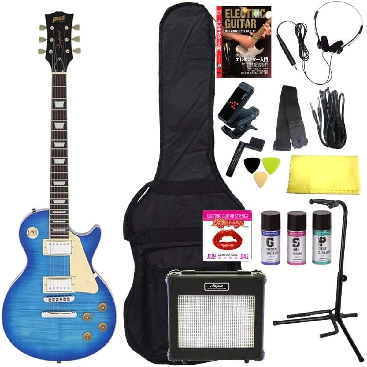 [Electric Guitar Complete 16-Piece Set/ARIA 6W Amplifier] BLITZ BLP-450 Blitz by Aria ProII Les Paul Type Beginner's Set/SBL (See-through Blue)