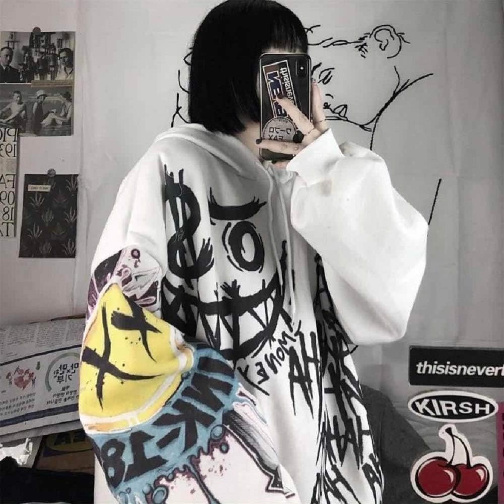 Hoodie Graffiti Smile Nico Big Silhouette Hoodie Korean Fashion Top Pullover Hooded Women's Men's Long Parka Loose Autumn/Winter Parka Street American Style America London England Back Alley