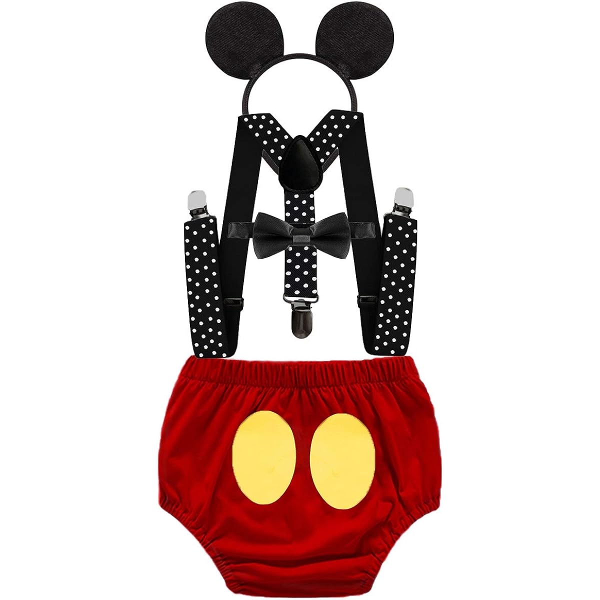 FMYFWY Baby Boy Cake Smash Outfit 1st Birthday Photo Prop Costume Bloomers Suspenders Bow Tie Ear Headband 4 Piece Set