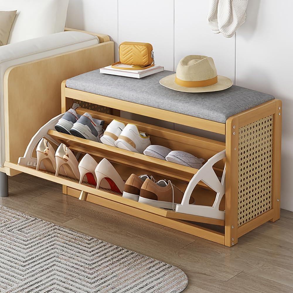 Fuyutu Entrance Bench, Shoe Box, Entrance Storage, Shoe Rack, Shoe Storage, Made of Natural Bamboo, Width 50/70*Depth 25*Height 45cm, Easy to Assemble, Storage Stool, Shoe Rack, Shoe Bench, Space Saving, Slipper Rack, Entrance Stool (Width 50/70*Depth 25