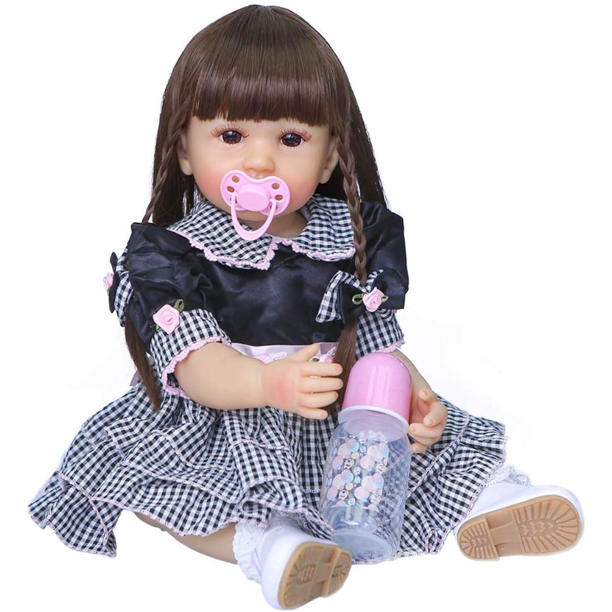 55CM Full Body Silicone Realistic Baby Doll Reborn Toddler Doll Lifelike Newborn Waterproof Bath Toy,Brown Hair