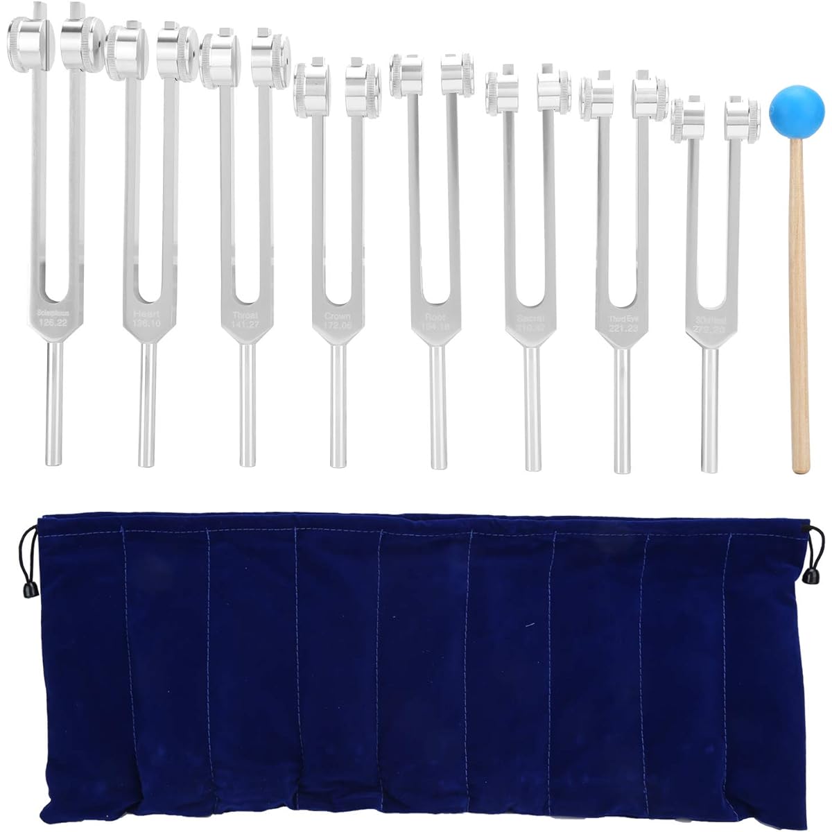 Tuning Forks, Set of 8, Aluminum Healing Tuning Forks Starter Kit for Relax Mind Body Sound Therapy (126.22 Hz 136.1 Hz 141.27 Hz 172.06 Hz 194.18 Hz 210.42 Hz 221.23 Hz 272.20 Hz)
