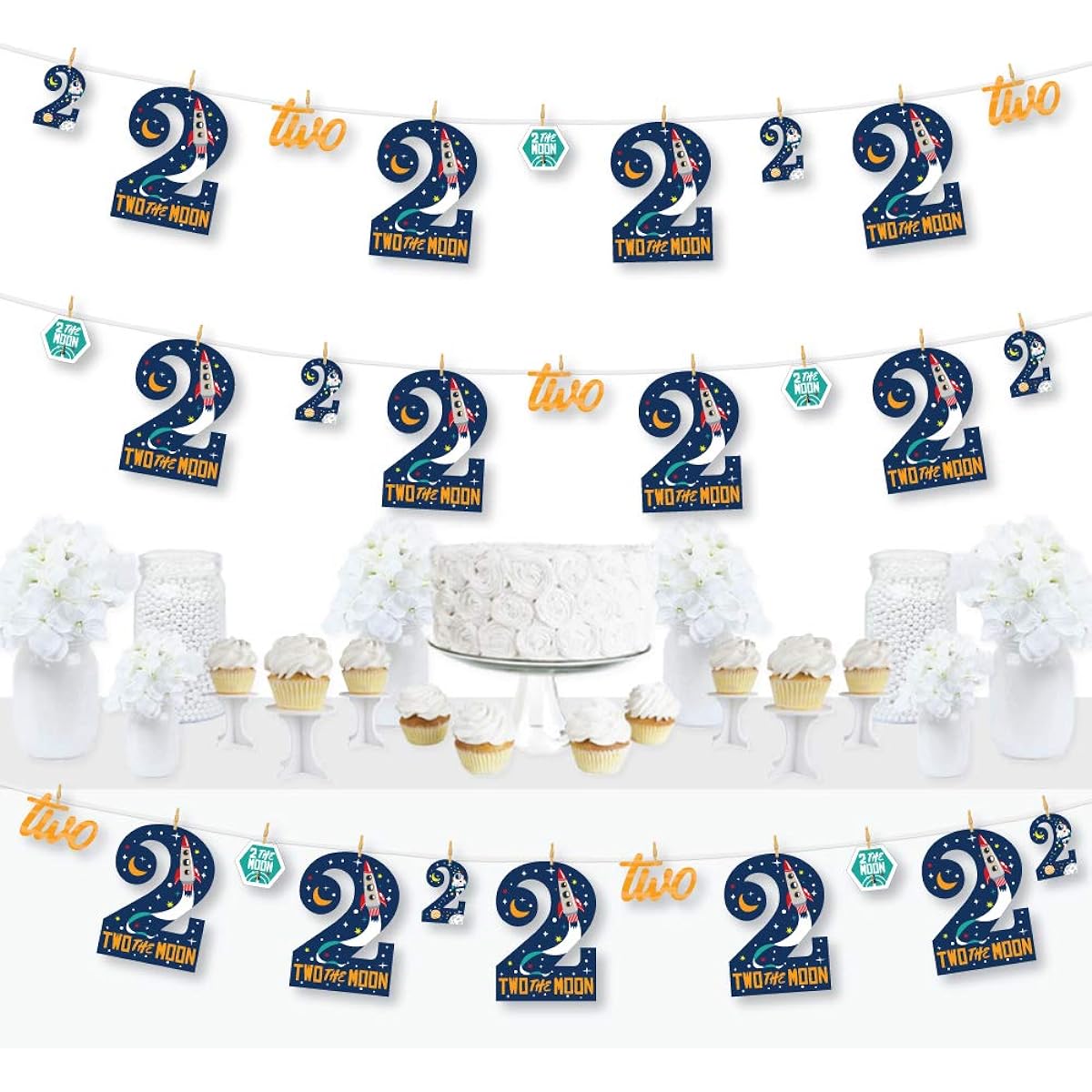 Big Dot of Happiness 2nd Birthday Two Moons - Space Second Birthday Party DIY Decorations - Clothespin Garland Banner - 44 Pieces