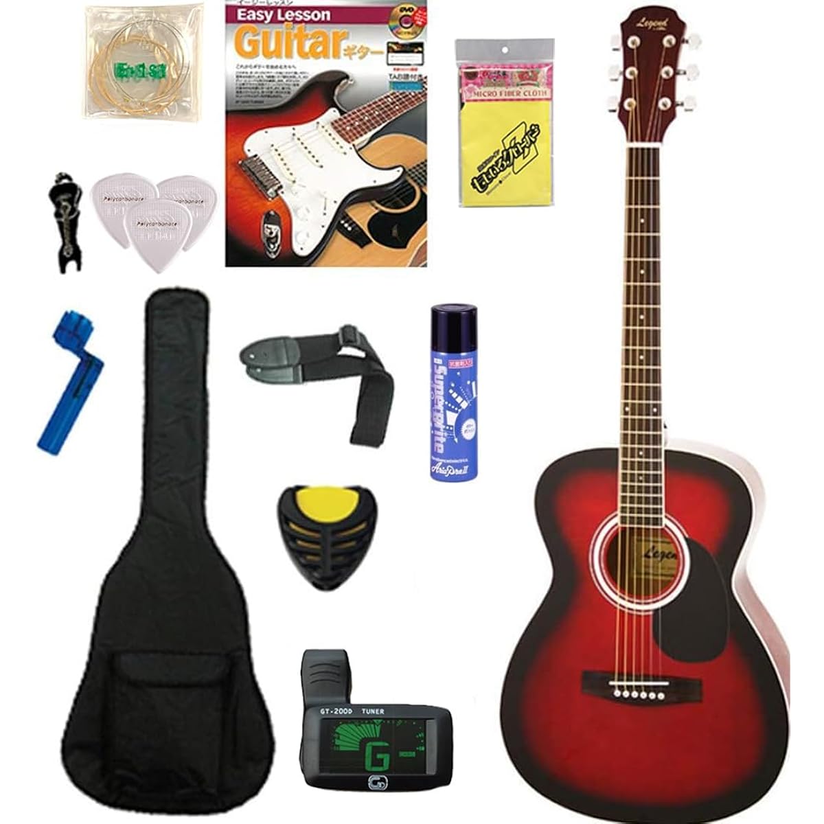 Legend Acoustic Guitar Beginner 12 Piece Set LEGEND FG-15 RS Red Shade