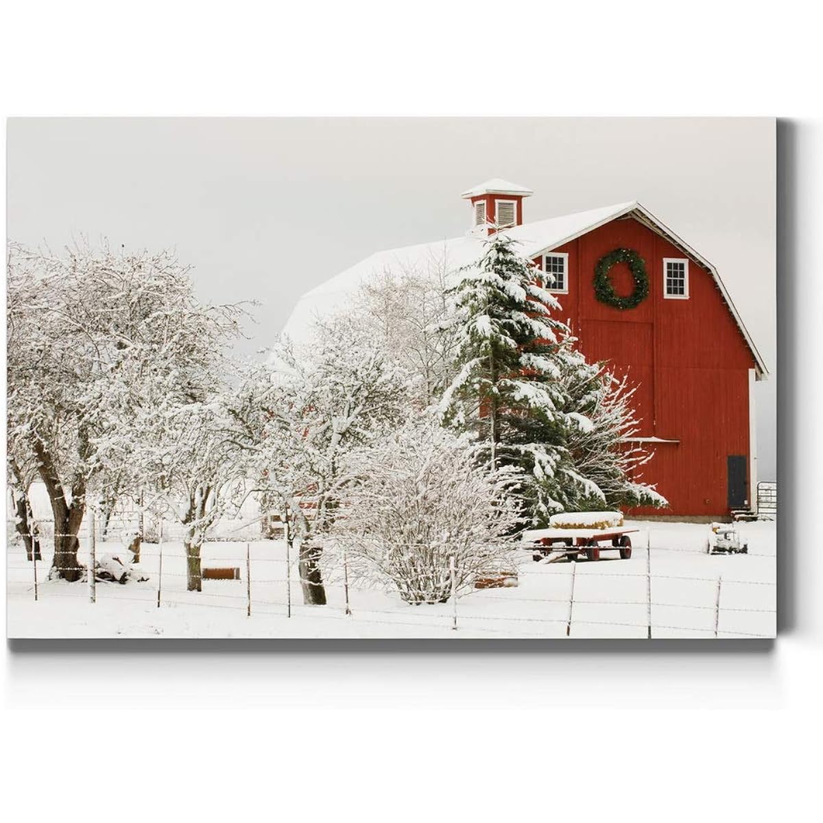Renditions Gallery Canvas Nature Wall Art Home Paintings & Prints Red Barn Covered in Snow Modern Winter Festival Wall Hanging Decor for Bedroom Office Kitchen - 8"x12" LT20
