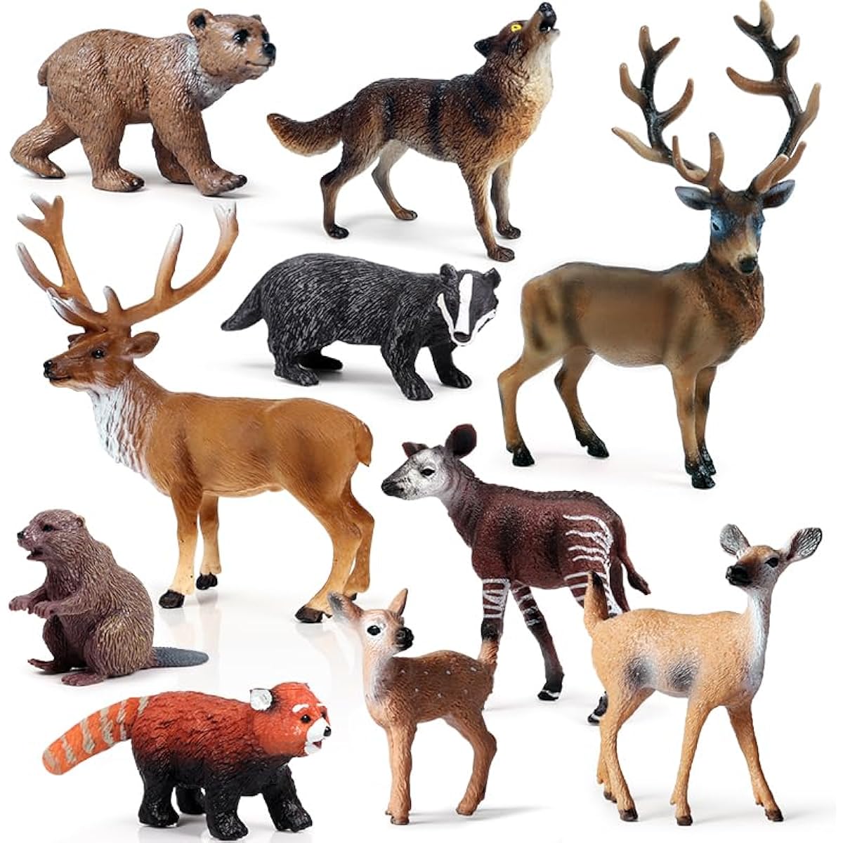 10pcs Woodland Animal Figurines, Plastic Woodland Animal Figures Toys Miniature Animal Toys Deer Elk Wolf Bear etc Cake Topper Christmas Decoration Gift for Kids