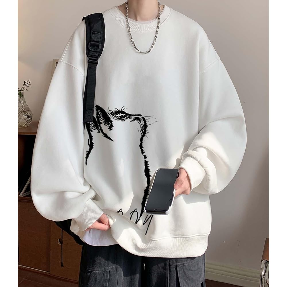 [FJLTDCP] Sweatshirt Hoodie Men's Long Sleeve Pullover Print Cat Crew Neck Stylish Sweatshirt Round Neck Large Size Switching Loose Big Silhouette Fashion Spring Autumn Winter Clothes