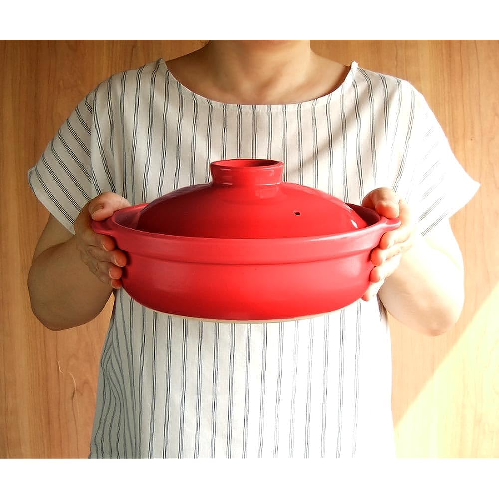 Mino Sarara IH Compatible, No. 8 Earthen Pot, Heat Resistant Banquet Baking Earthen Pot, For 2 to 3 People, Heat Resistant Tableware, Made in Japan, Heat Source Color: IH Compatible, Red