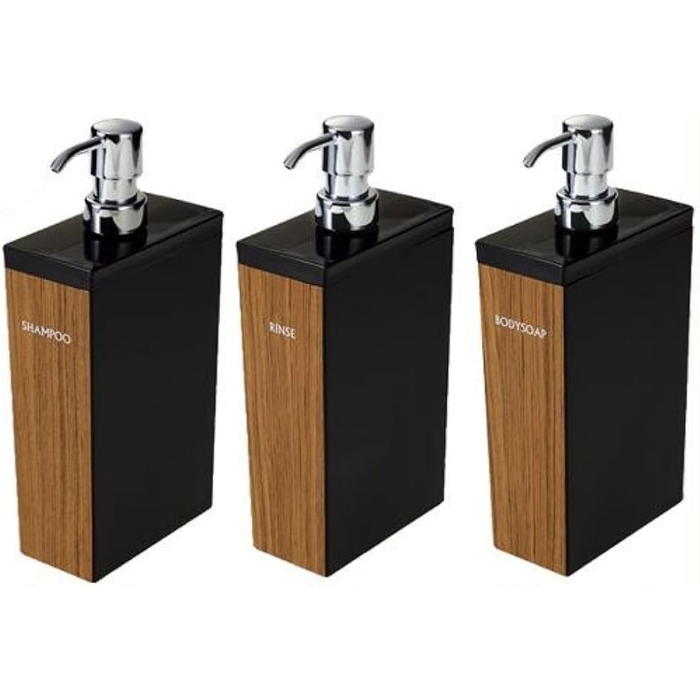 WOODY Dispenser Refillable Bottles Set of 3 (Shampoo, Conditioner, Body Soap) Long Square (700ml) Black x Walnut