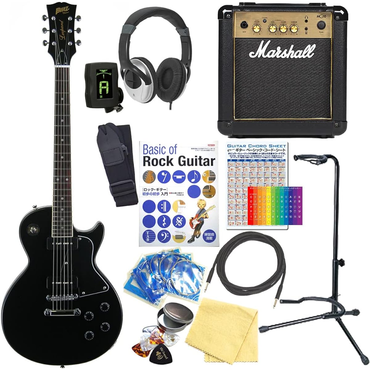 Electric Guitar Beginner Set Les Paul Special Type with Marshall Amplifier 15-piece Set Blitz BLP-SPL BK