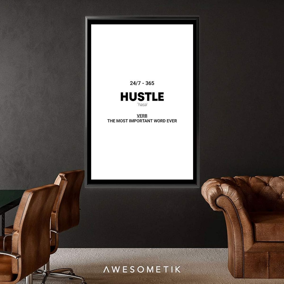 "AWESOMETIK" Motivational/Inspirational Vertical Definition Quotes Collection Canvas Art/Office Decor/Ready to Hang for Gym and Home Made in USA (12" x 18" Modern Black Frame, BW Hustle 24/7 Verb)