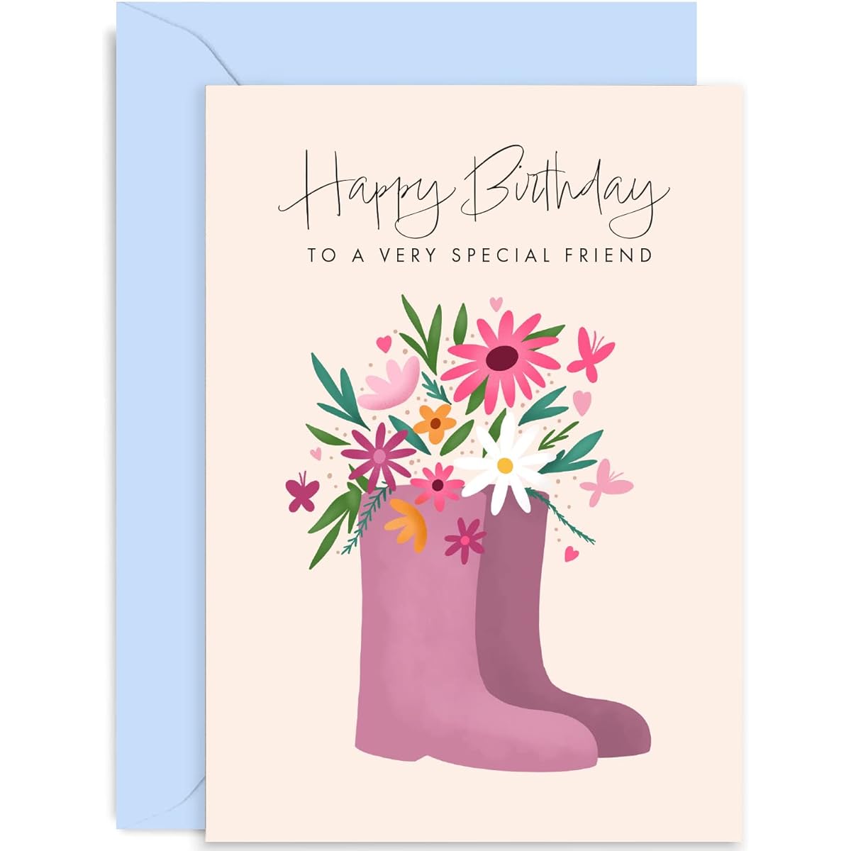 Old English Co. Cute Happy Birthday Card - Floral Welly Birthday Card for a Special Friend - Colorful Butterfly Flower Heart Card - Card for Women | Blank Inside with Envelope