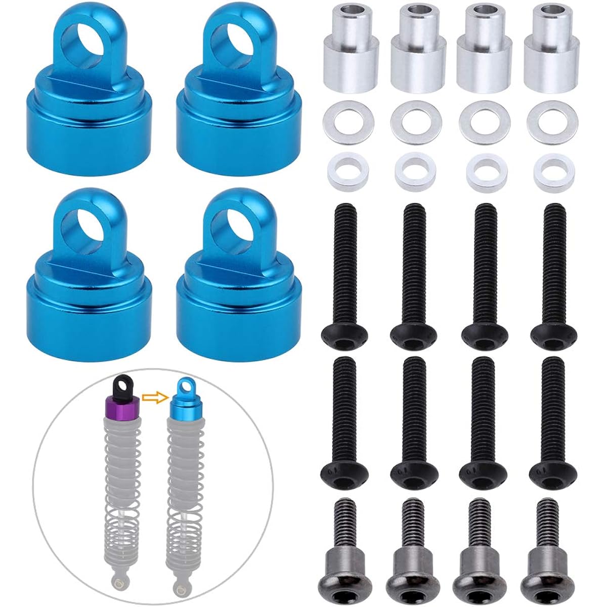 Hobbypark Aluminum Shock Caps (Ultra Shock Compatible) & Short Rod Ends for Traxxas RC Cars/Trucks Optional Hop-Up Parts Blue 8234-8236