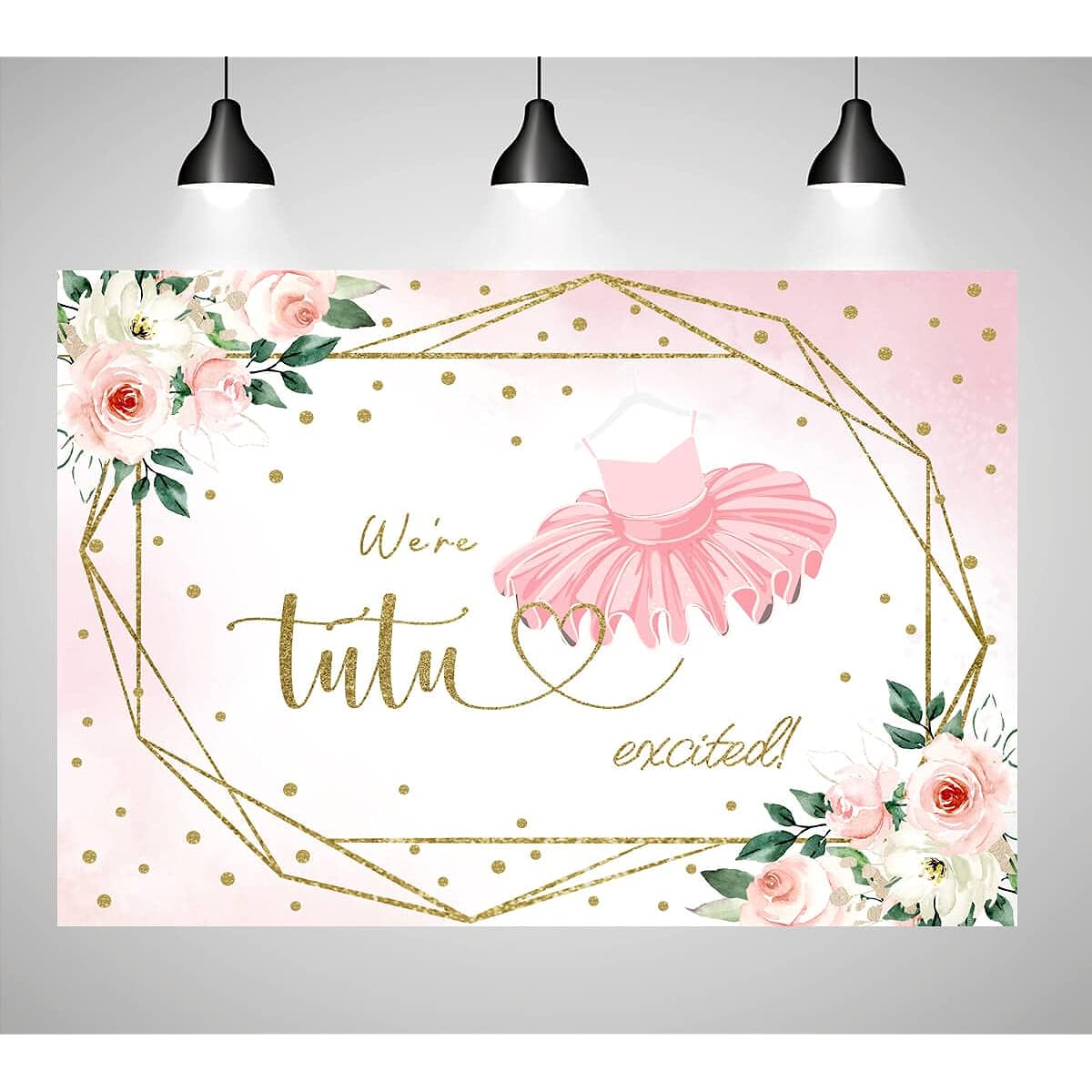 Ballerina Tutu Backdrop for Baby Shower, Blush Pink Glitter Ballet We're Tutu, Exciting Birthday Party Decorations for Girls, Golden Dots Birthday Party Banner, Photo Booth Props 7x5ft