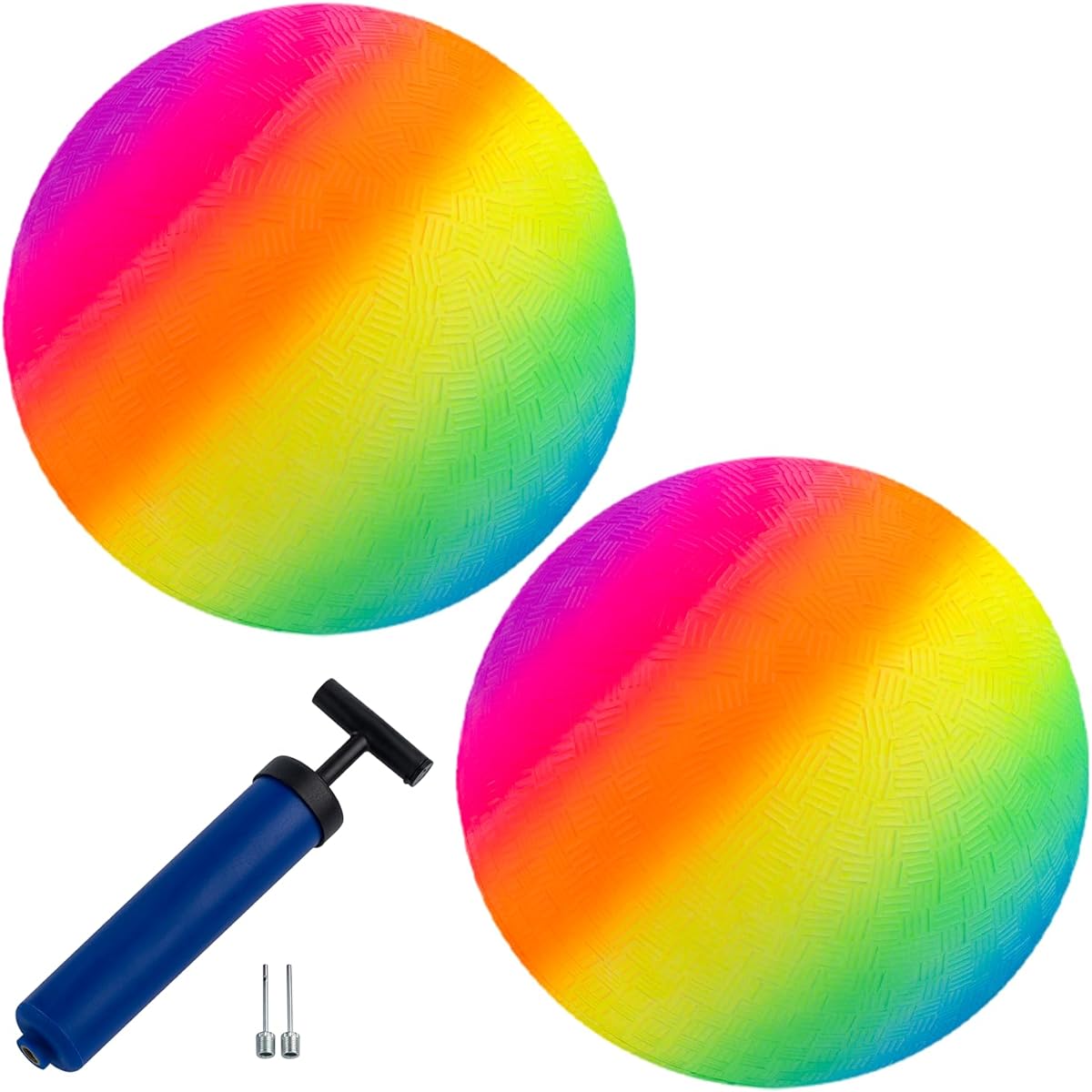 New Bounce Playground Balls for Kids - Set of 2 Rainbow Rubber Bouncing Kickballs with Pump - Standard Size for Dodgeballs and More - Durable Inflatable 8.5" Game Balls