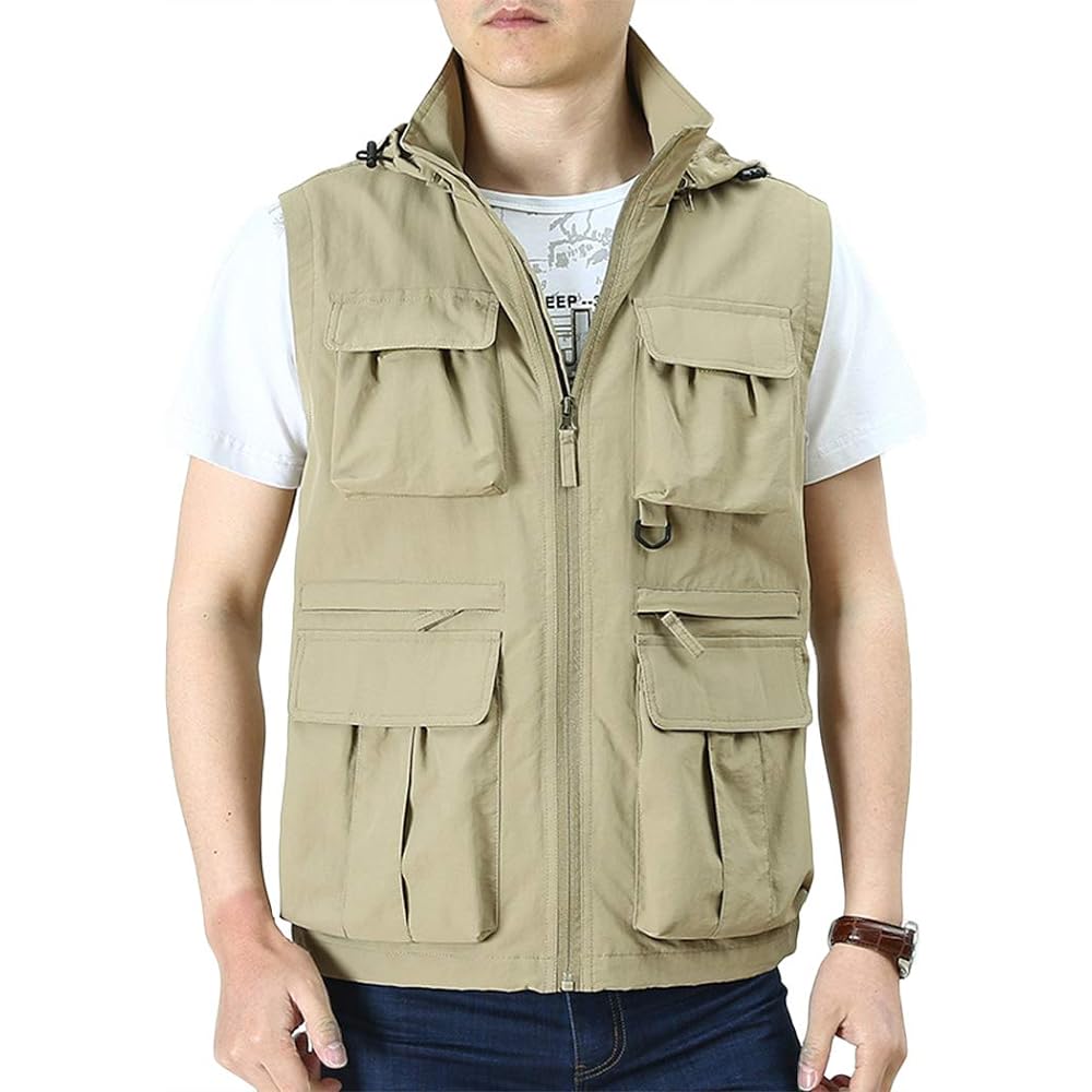 [Rortyno] Fishing Vest, Hooded Vest, Fishing Vest, Nylon Vest, Brushed Lining, Thin, Hooded Vest, Zip Up, Jacket with Many Pockets, Vest, Military, Large Size