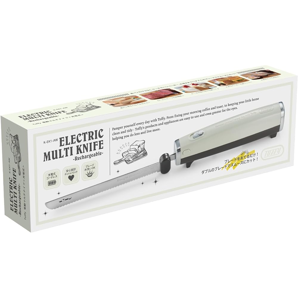 [Toffy] Electric multi-knife <rechargeable> K-EK1 (ash white) Beautiful cross section Cordless Outdoor Camping Safe design Bread/cake/roast beef K-EK1-AW