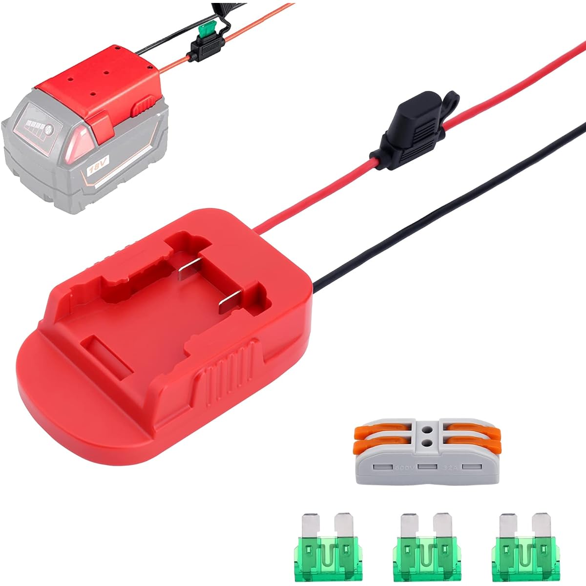 M18 Power Wheels Adapter for Milwaukee Battery, 18V Battery Adapter for DIY Ride-on Truck RC Toy Robot Upgrade Battery Conversion with Switch Fuse Holder, 12AWG Wire and 30A Fuse Kit, Red