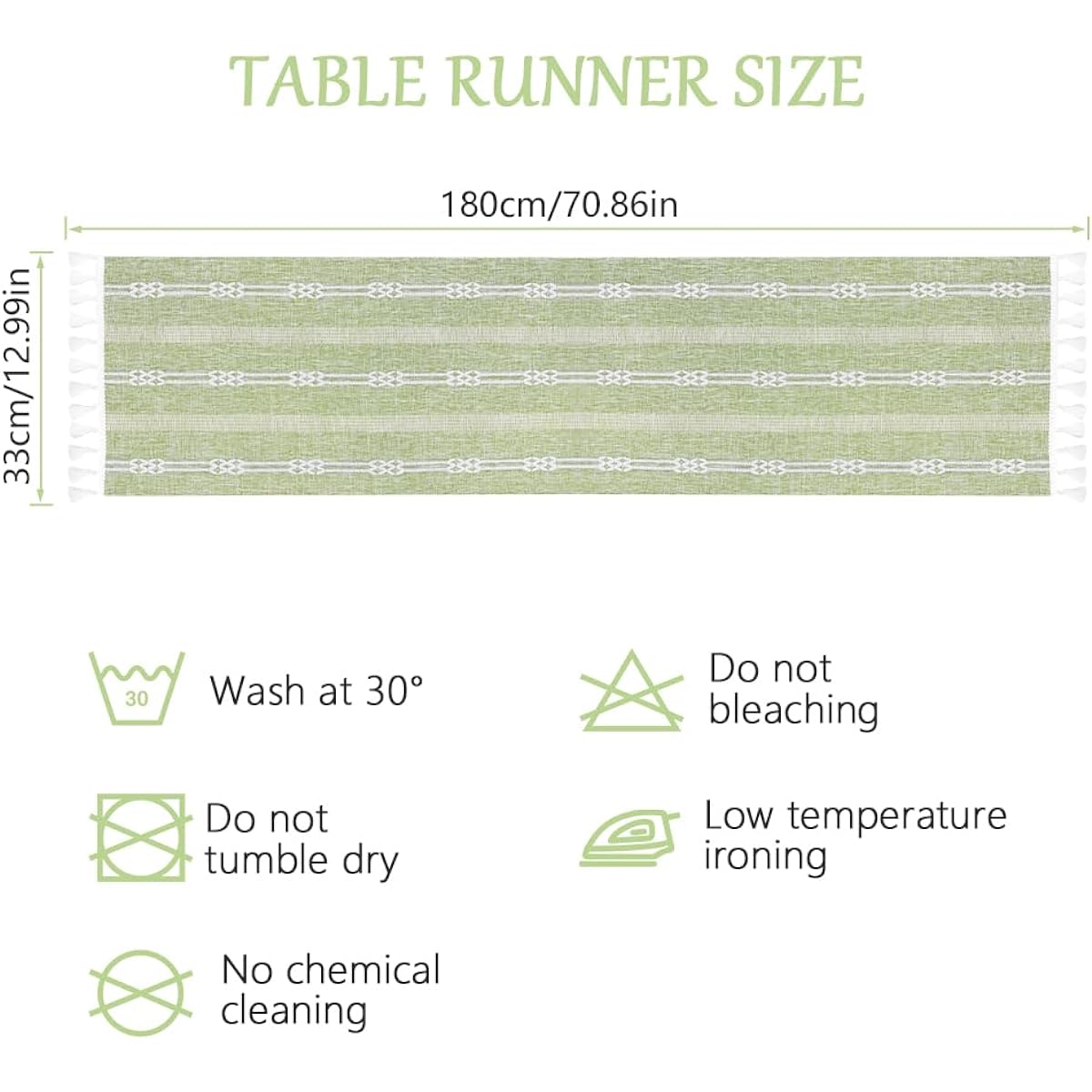 AUAUY Table Runner with Handmade Tassels, Boho Style Sage Green Woven Striped Polyester Fabric Table Runner Macrame Table Decorations for Holiday Party Dining Wedding Everyday (13 x 71 Inch)