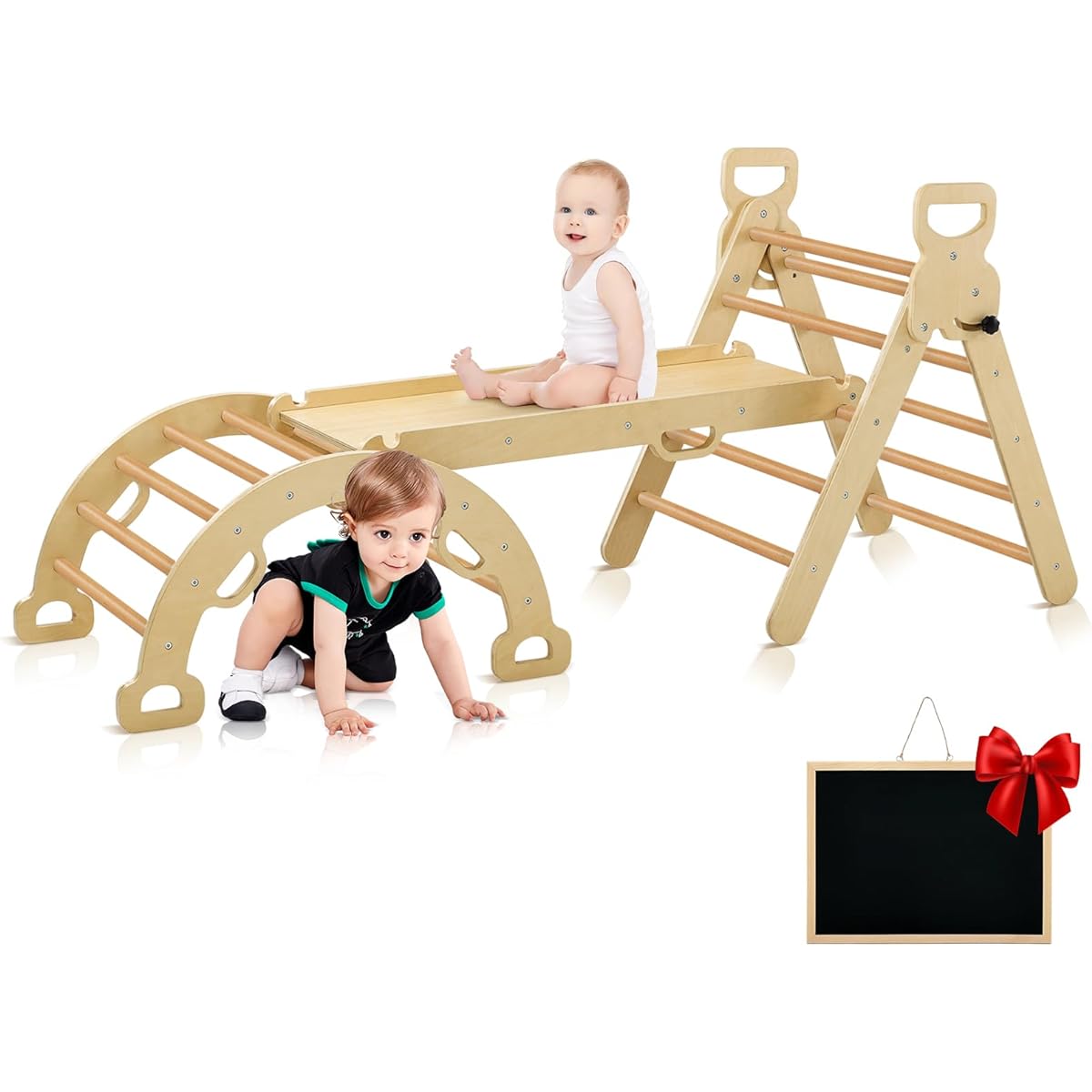 Xickboke Pikler Triangle Set for Toddlers Indoor Playground Climbing Toy for Kids Ages 2-6, Foldable Montessori Play Gym Wooden Climbing Set