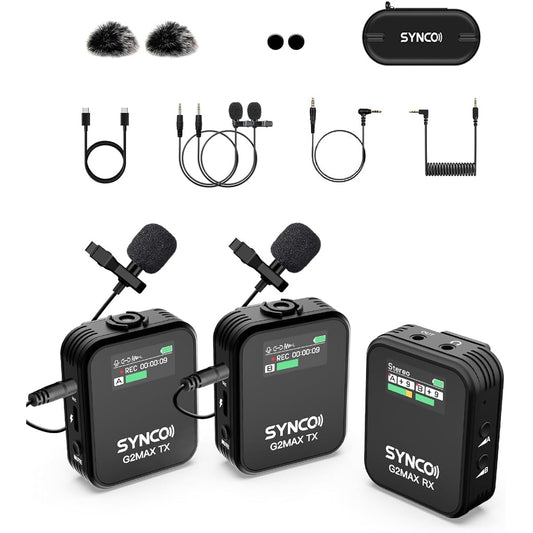 eless Lavalier Microphone, SYNCO G2(A2) MAX, Records for 24 hours, Noise Cancellation, Volume Adjustment, YouTube Video Shooting/Live Streaming/Online Classes, Compatible with SLR Cameras, Smartphones, and PCs, Wireless-Microphone-SLR-wireless-microphone
