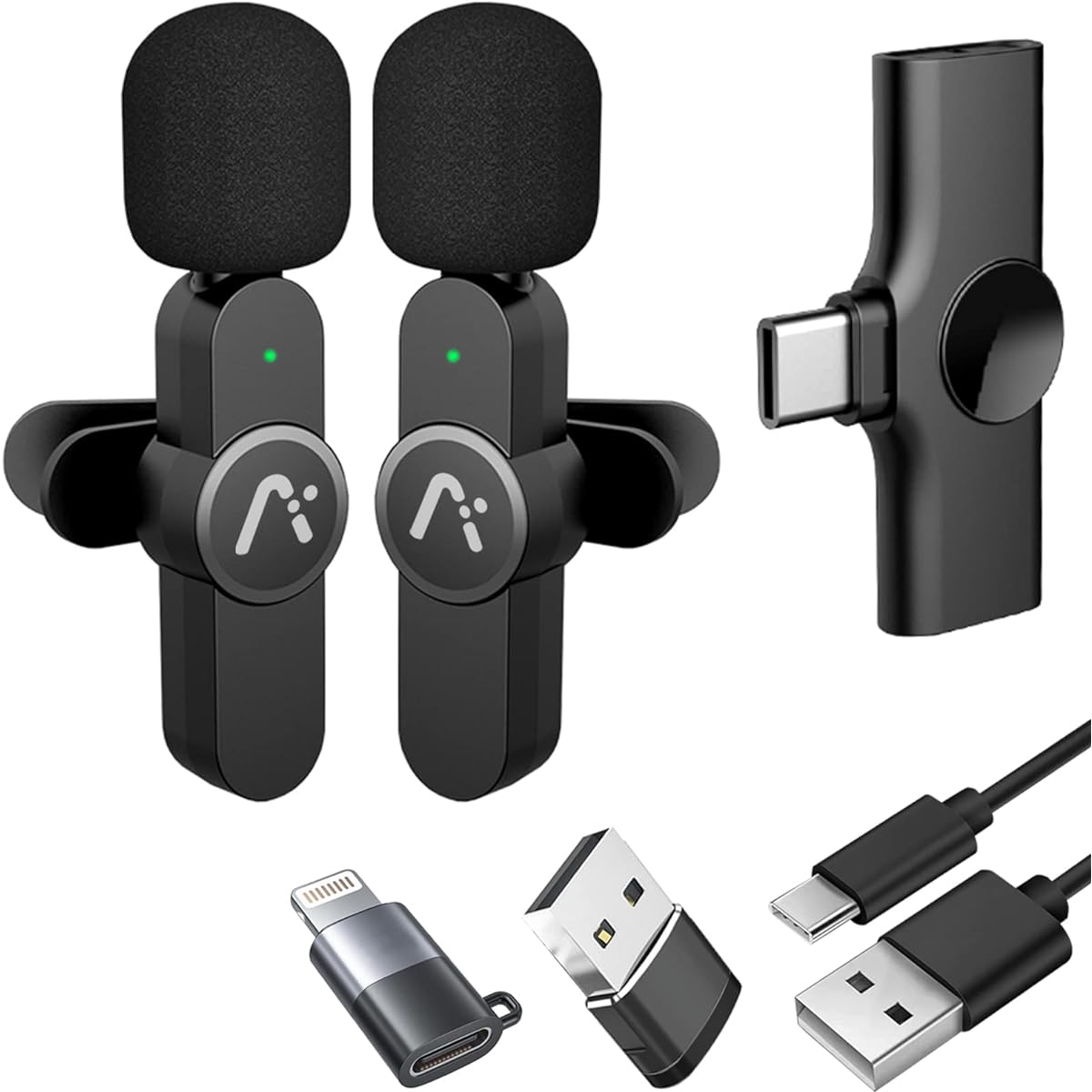 Wireless Mics, Wireless Clip on Microphones, Lapel Microphone (Aisizon A2d One Pair Two), for Android Phone, iPhone, Laptop, Video Recording