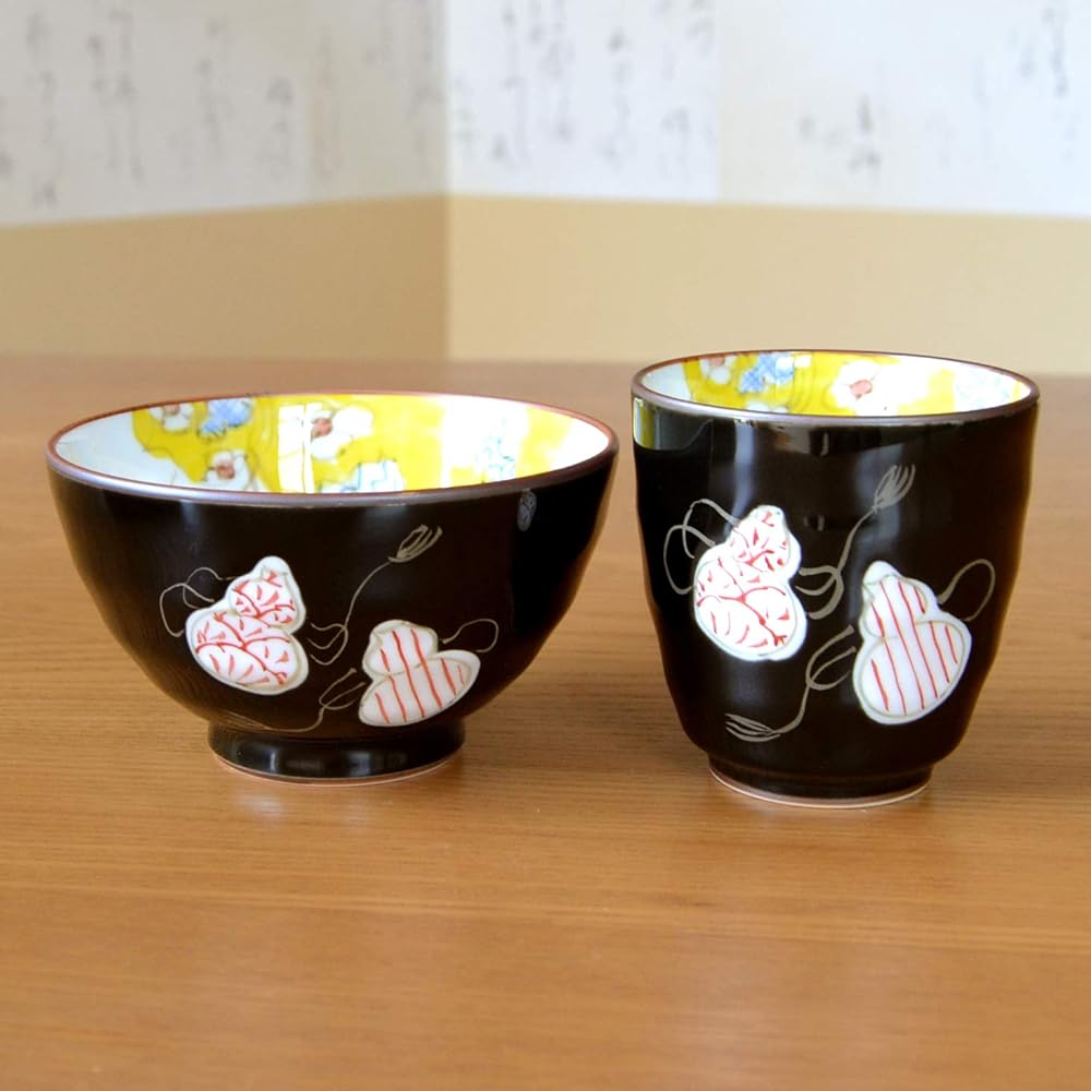 Rice life celebration, lucky charm gift for good health, Arita ware teacup, tea bowl, rice bowl set, six gourd colors, red, with gift card and message card, in wooden box
