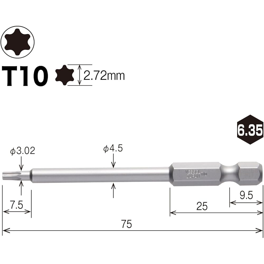 VESSEL Torx Bit T10 x 75mm Set of 10 J ZP