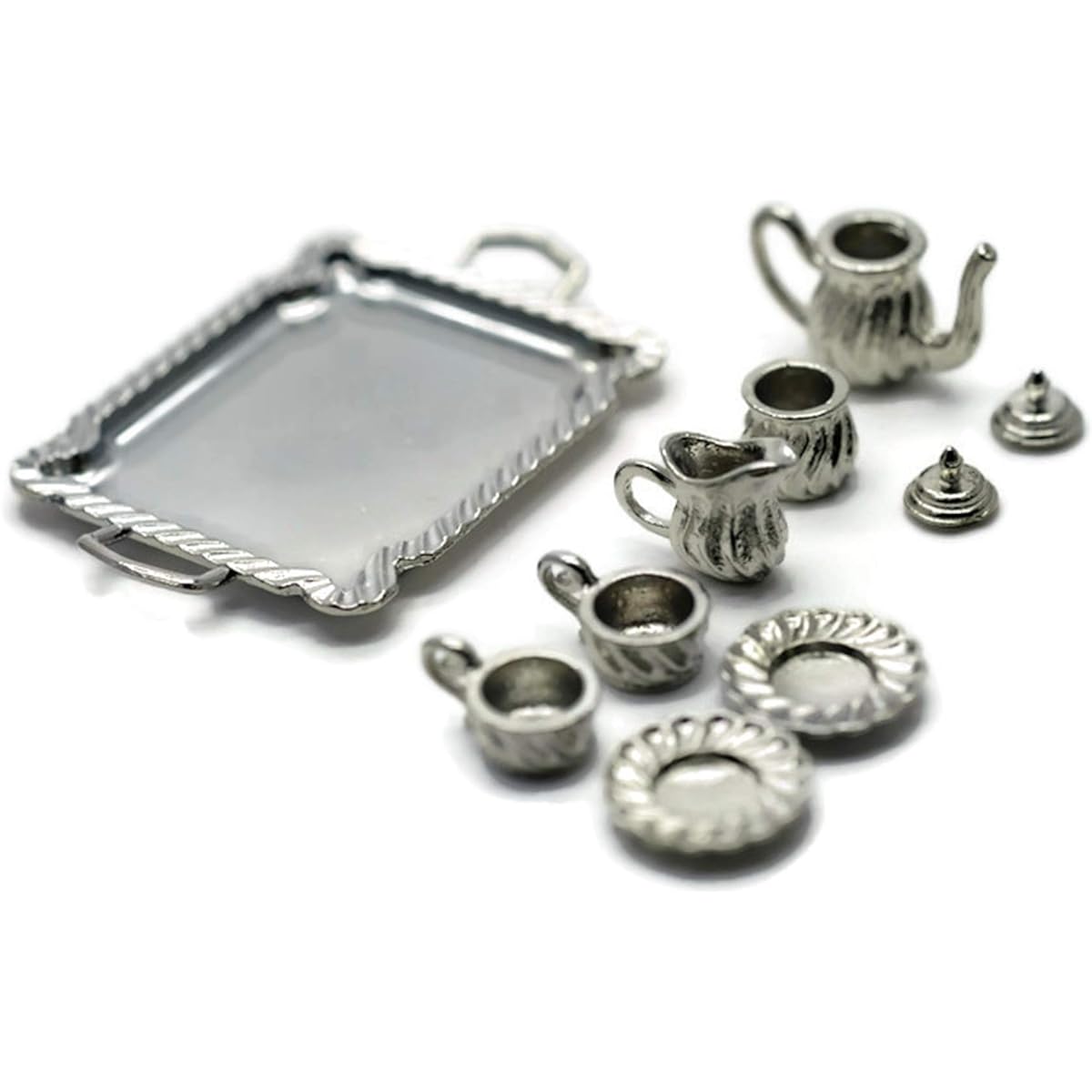 Cool Price Vintage Silver Plate Antique Tea Set Serving Tray Teapot 2 Tea Cups Dollhouse Miniature Food Supplies