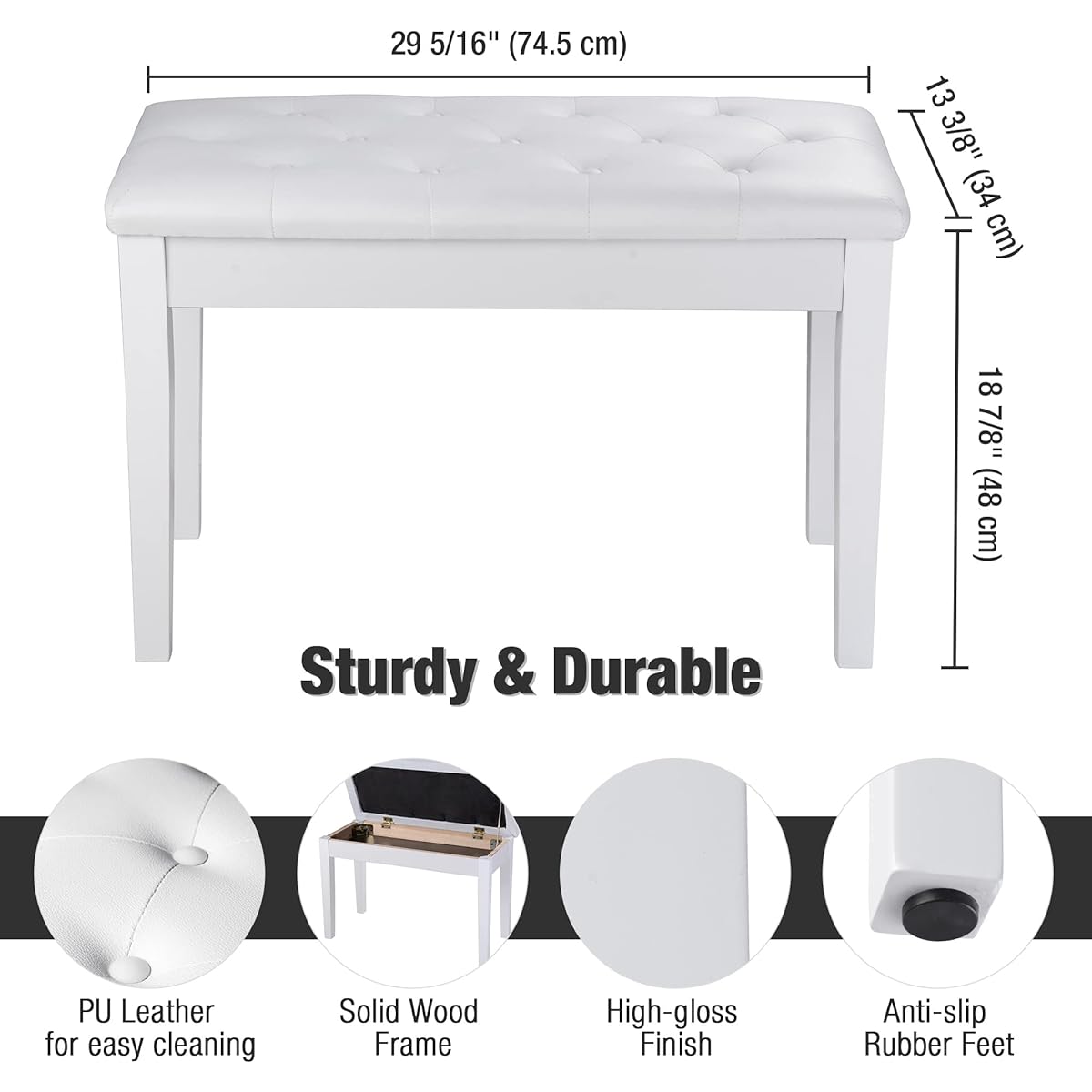 AW Piano Bench Stool Dual PU Padded Keyboard Double Storage Seat 262lb Capacity White