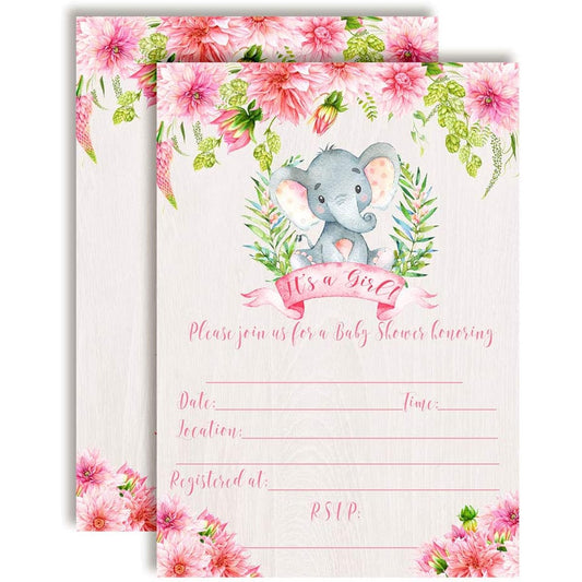 AmandaCreation Watercolor Dahlia Floral Elephant Theme Baby Girl Sprinkle Shower Invitation 5"x7" Card with 20 White Envelopes
