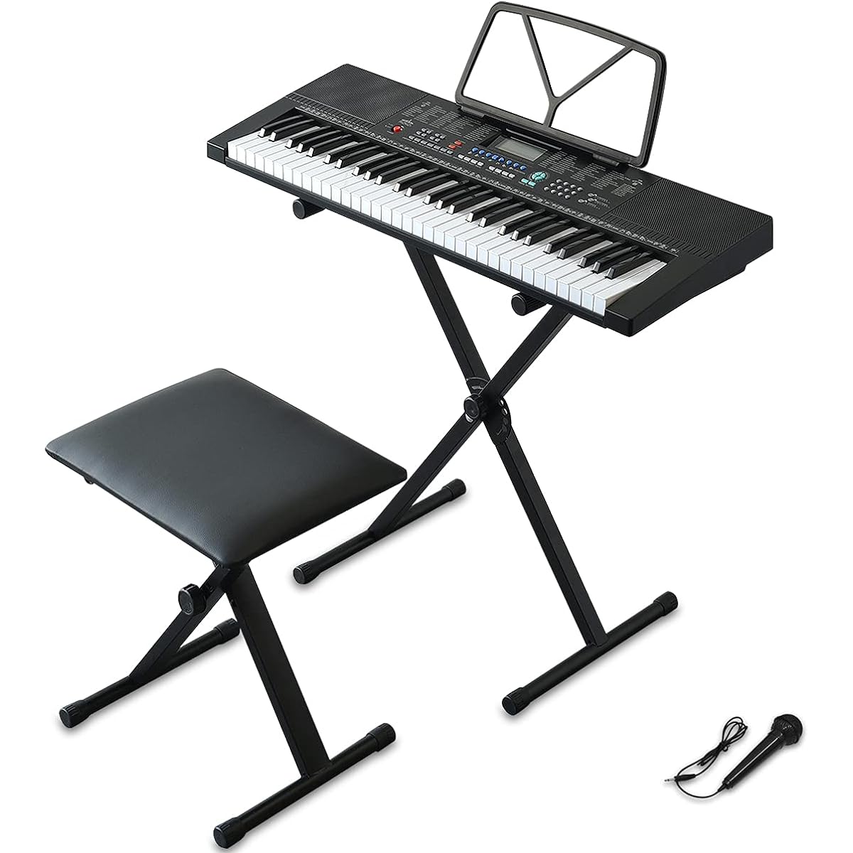 [Rizukizu] Electronic Keyboard [61 Keys] & Keyboard Stand & Folding Chair 350 Instrument Tones Rhythms 61 Keyboard Percussion Microphone LCD Display Auto Accompaniment Recording Piano Practice Hobby