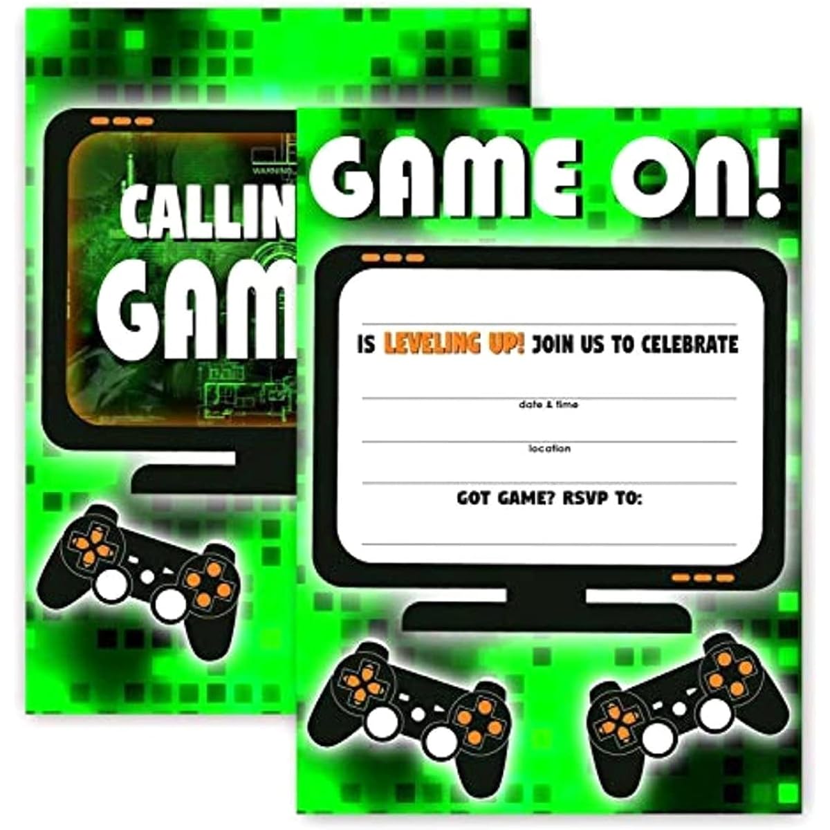 Pop Party Games Green Party Invitations - 20 Invitations + 20 Envelopes - Double Sided - Video Game Invitations - Game Truck Party Supplies - Green 20 Count