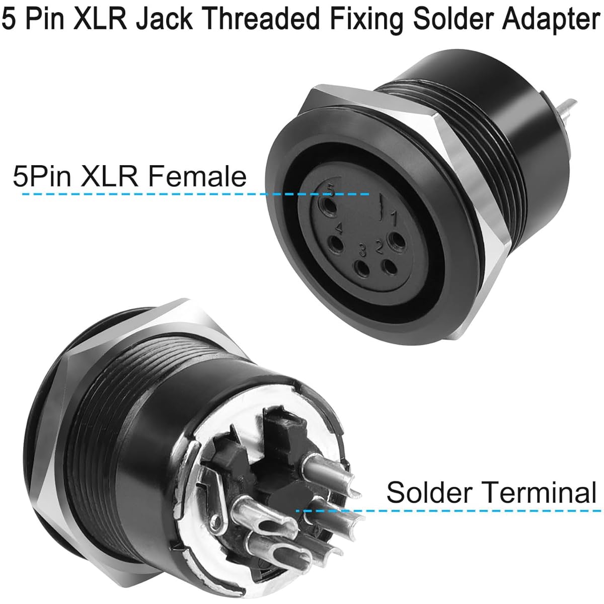 QIANRENON 5 Pin XLR Jack Screw Fixed Solder Adapter 5 Pin XLR Female to Solder Terminal Circular Connector 5 Pole XLR DMX Mount Socket for Sound RDM/DMX Stage Lighting Black