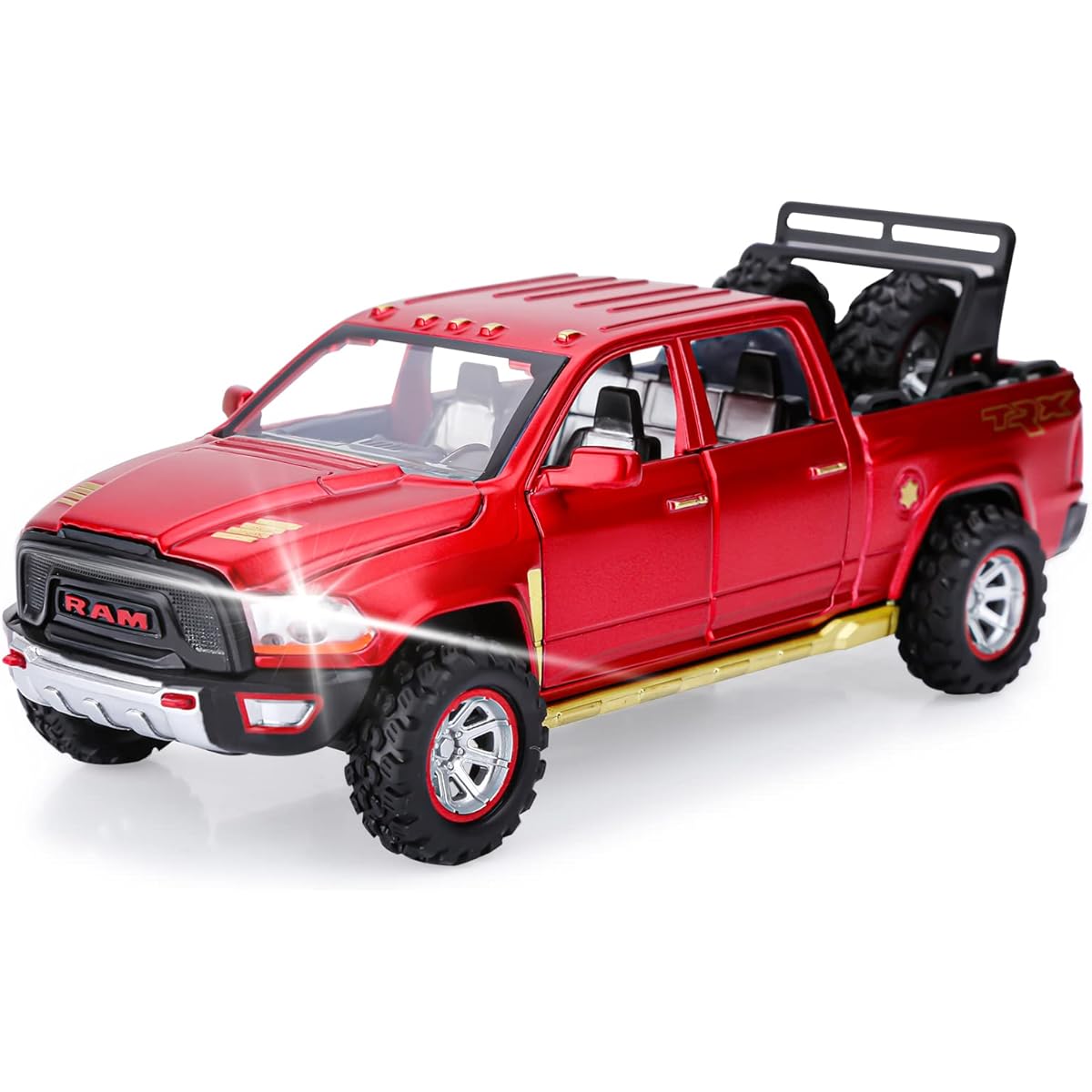 SASBSC Toy Trucks for Boys RAM 1500 Pickup Truck Toy Diecast Metal Model Car with Lights and Sounds Pull Back Car Toy for Kids Ages 3+ (Red)