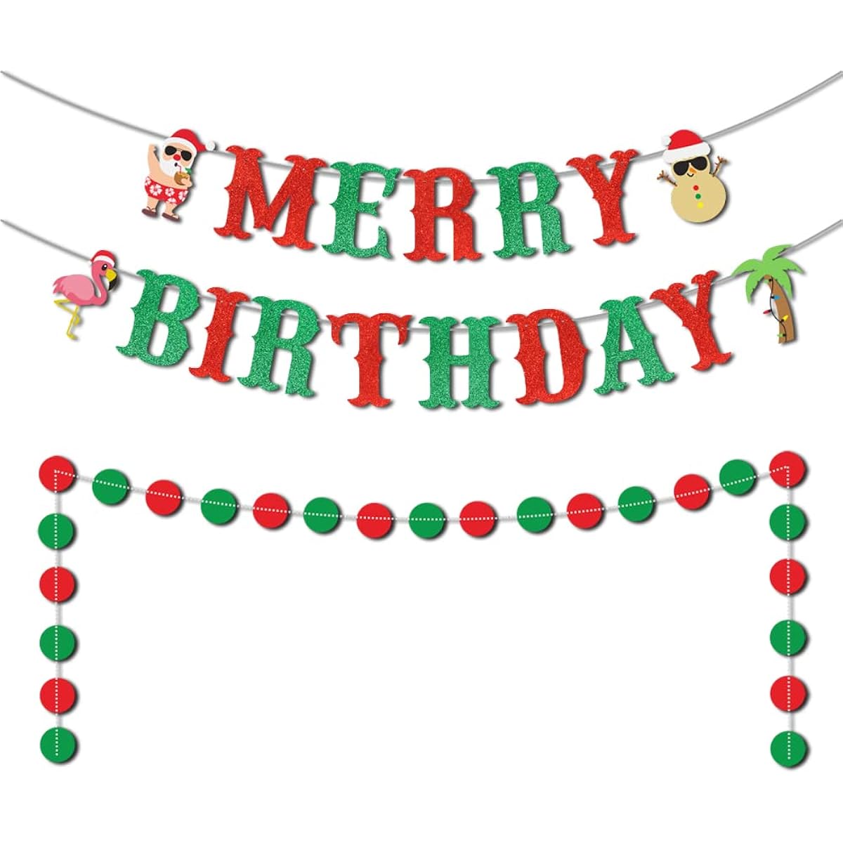 Merry Birthday Party Banner Red and Green Glitter & Christmas Circle Dot Banner Christmas July Birthday Party Decorations Hawaii Tropical Summer Birthday Decorations Christmas Birthday Party