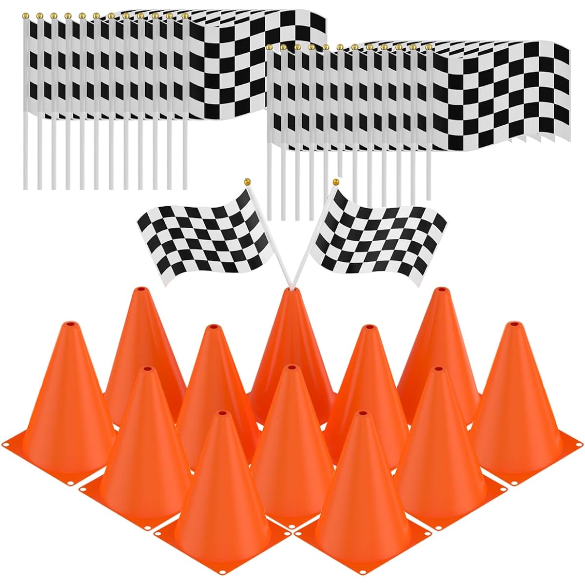 PartyTreasuresCo Race Cones for Party & Checkered Flags Party (36pcs) - Race Car Birthday Party Supplies, 12 Traffic Cones Pre-Drilled & 24 Racing Flags - Race Car Theme & Race Car Party Decorations