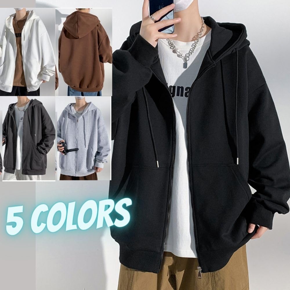 [Oumly] Men's Hoodie, Zip-up Sweatshirt, Loose, Long Sleeve, Plain, Simple, Stylish, Large Size, Jacket, Popular, Sports, Hooded, Stylish, Casual, Cardigan Coat, Autumn/Winter Clothes