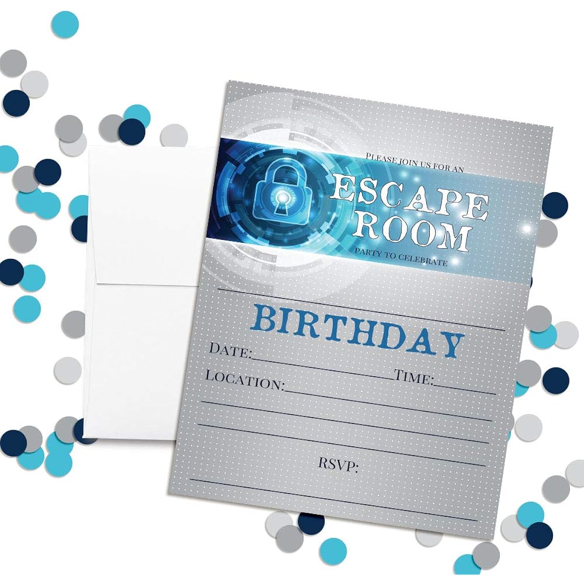 AmandaCreation Escape Room Theme Birthday Party Invitations 5 x 7 inches with 20 Cards and 20 White Envelopes