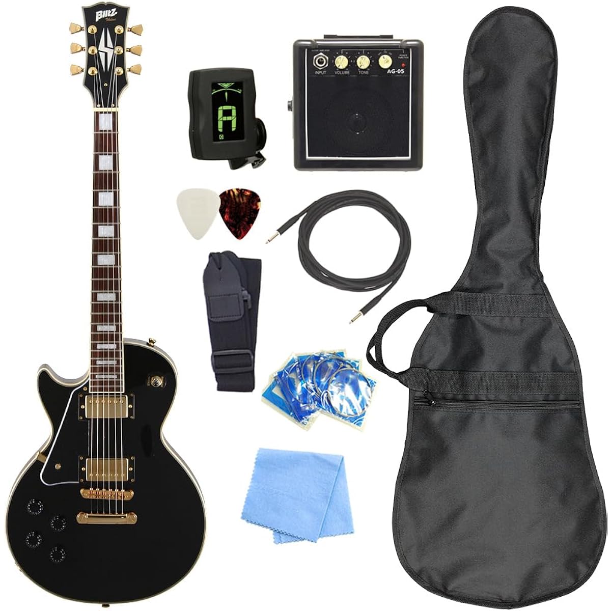 Electric guitar left-handed beginner set Les Paul custom type with mini amp 9-piece set Blitz BLP-CST LH BK [98765]