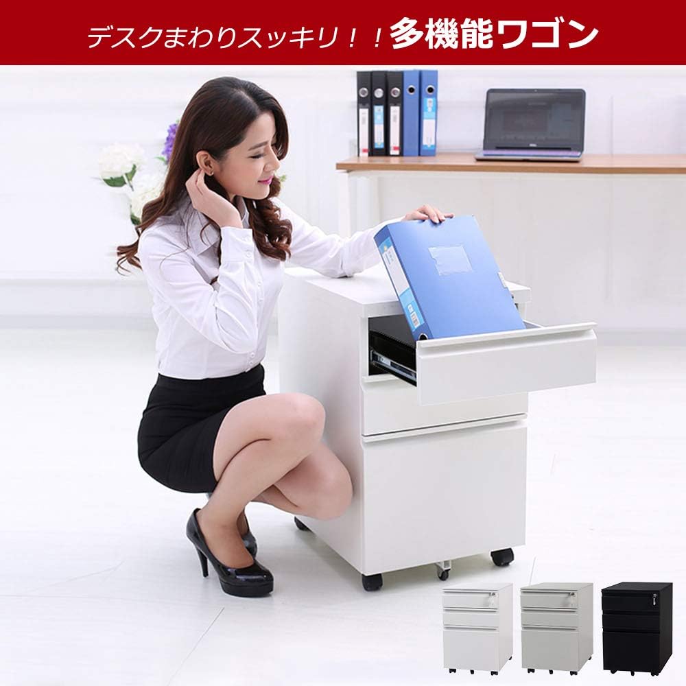 (OSJ) Office Wagon Side Wagon 3 Tier All Lock Width 390 x Depth 450 x Height 600 mm Steel Pen Tray Cylinder Lock Completely Completed Product No Assembly Required (White)