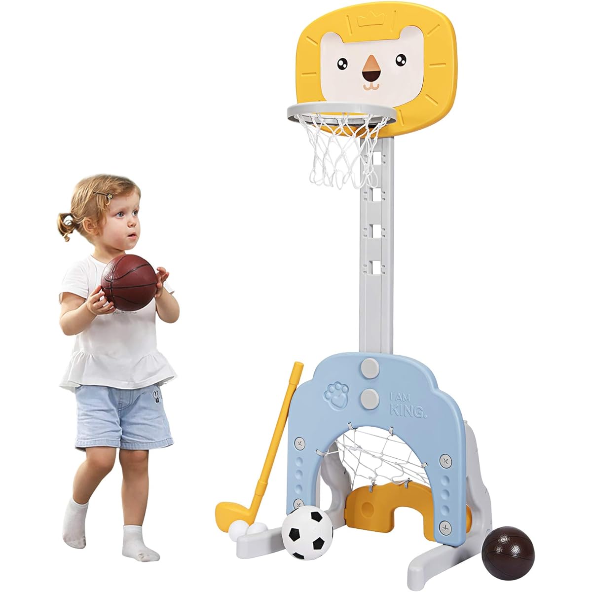 Costzon Kids Basketball Hoop, Toddler Sports Activity Center with 5 Height Adjustments, Basketball, Soccer, Golf Game Set, Indoor Outdoor Basketball Hoop Set, Great Gift for Babies and Toddlers (Yellow Lion)
