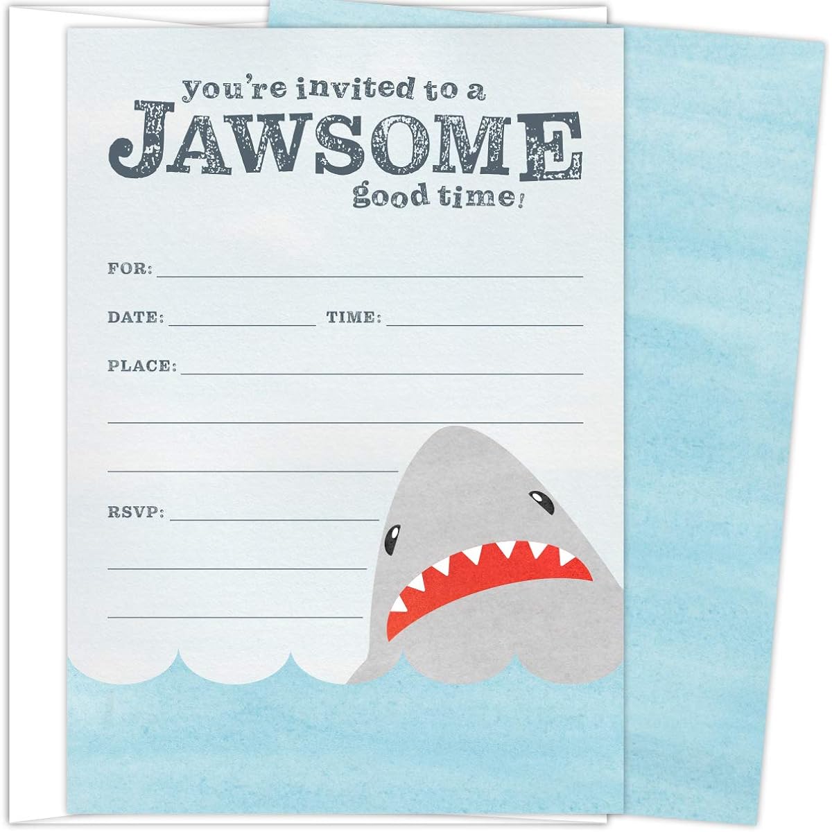 Koko Paper Co Shark Invitations Set of 25 Ceremony Cards and White Envelopes - Perfect for Birthdays, Graduations, Baby Showers, Any Occasion